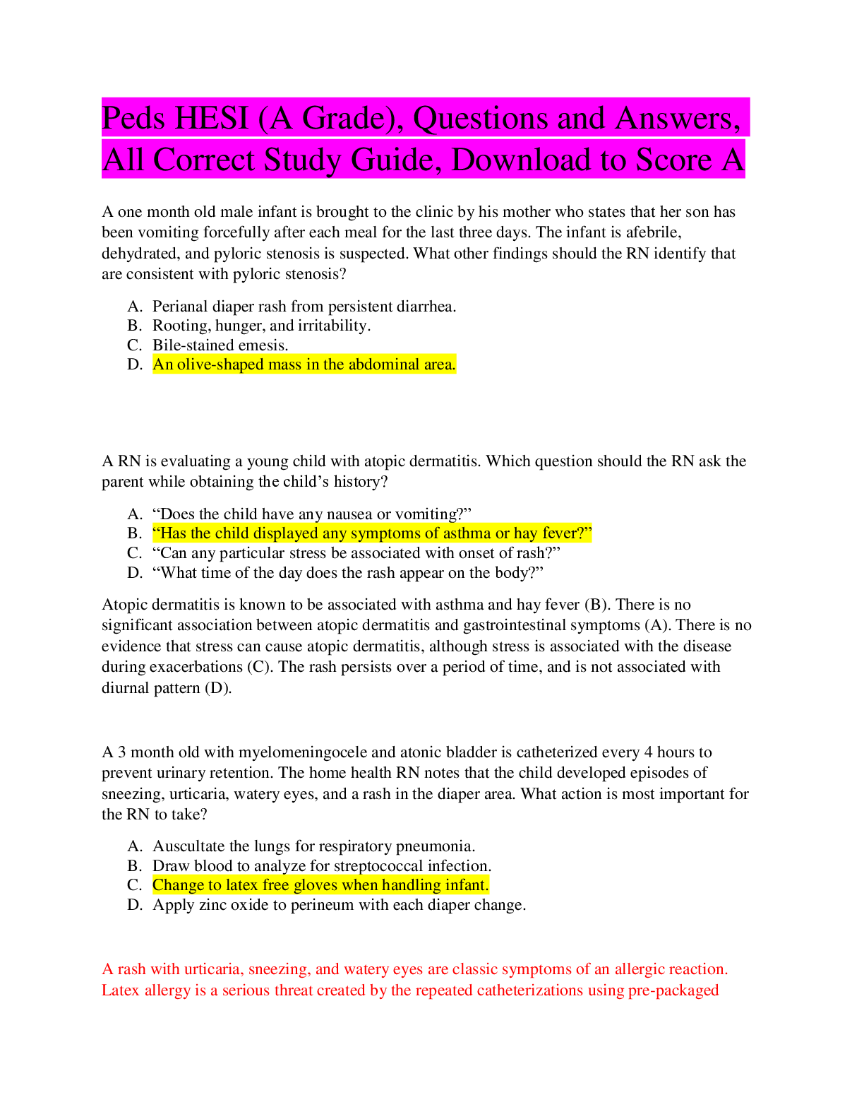 Preview image for Peds HESI (A Grade), Questions and Answers, All Correct Study Guide, Download to Score A